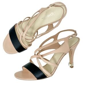 Chanel Neutral Strappy Pearl Detail CC Logo High Heel Sandals size 38.5 US7.5